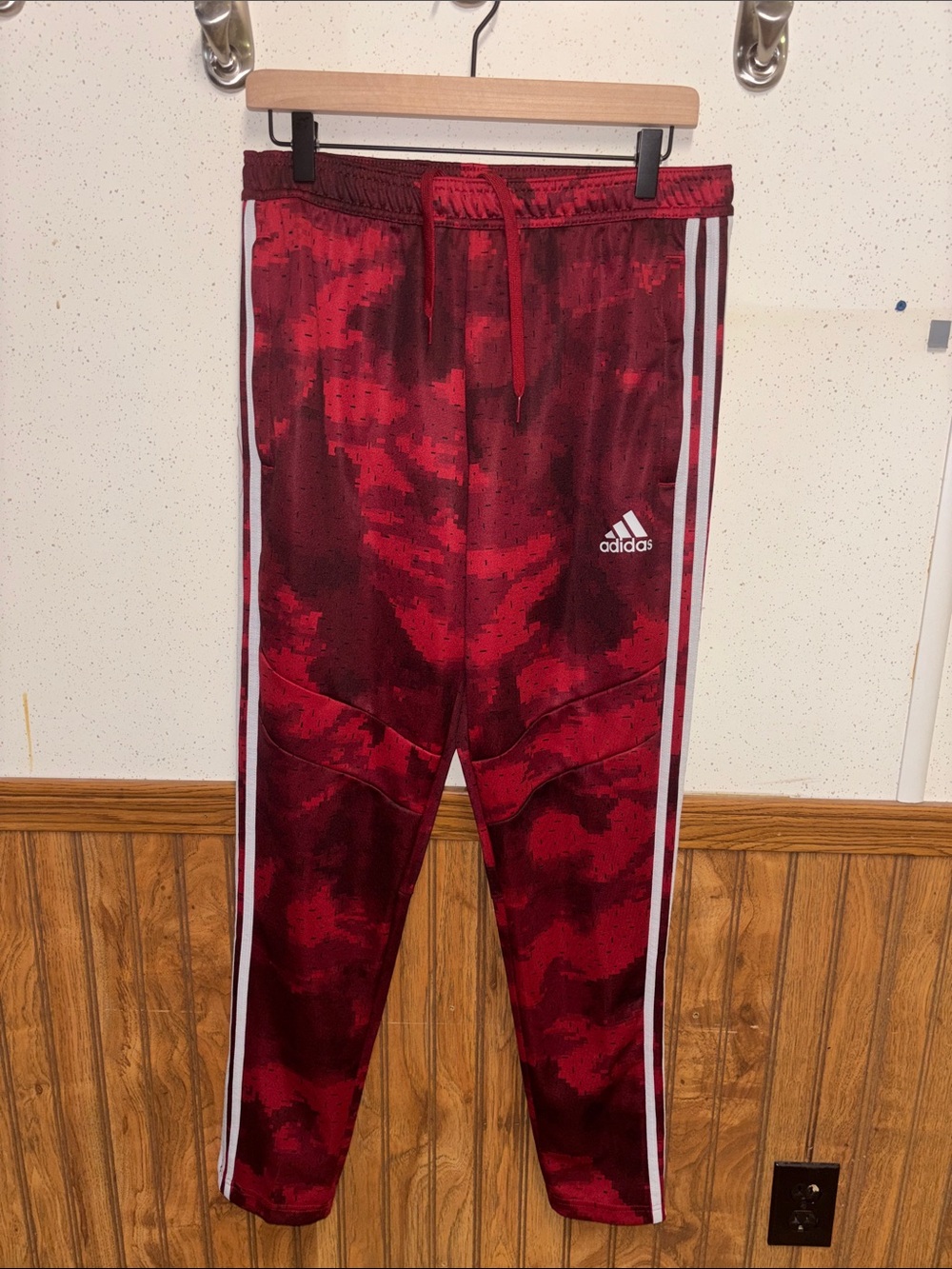 Adidas - Men’s Red Camo Joggers with White Side Stripes (size Medium)